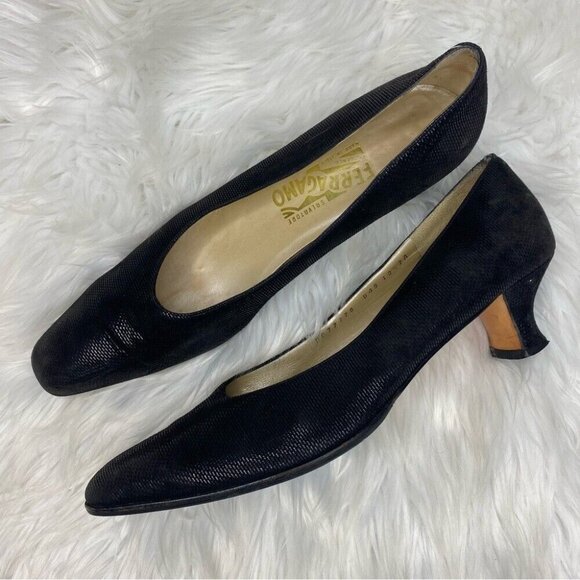 Salvatore Ferragamo Women’s‎ Black Suede Minimalist Block Heel Pumps US 10.5 A - Picture 1 of 12